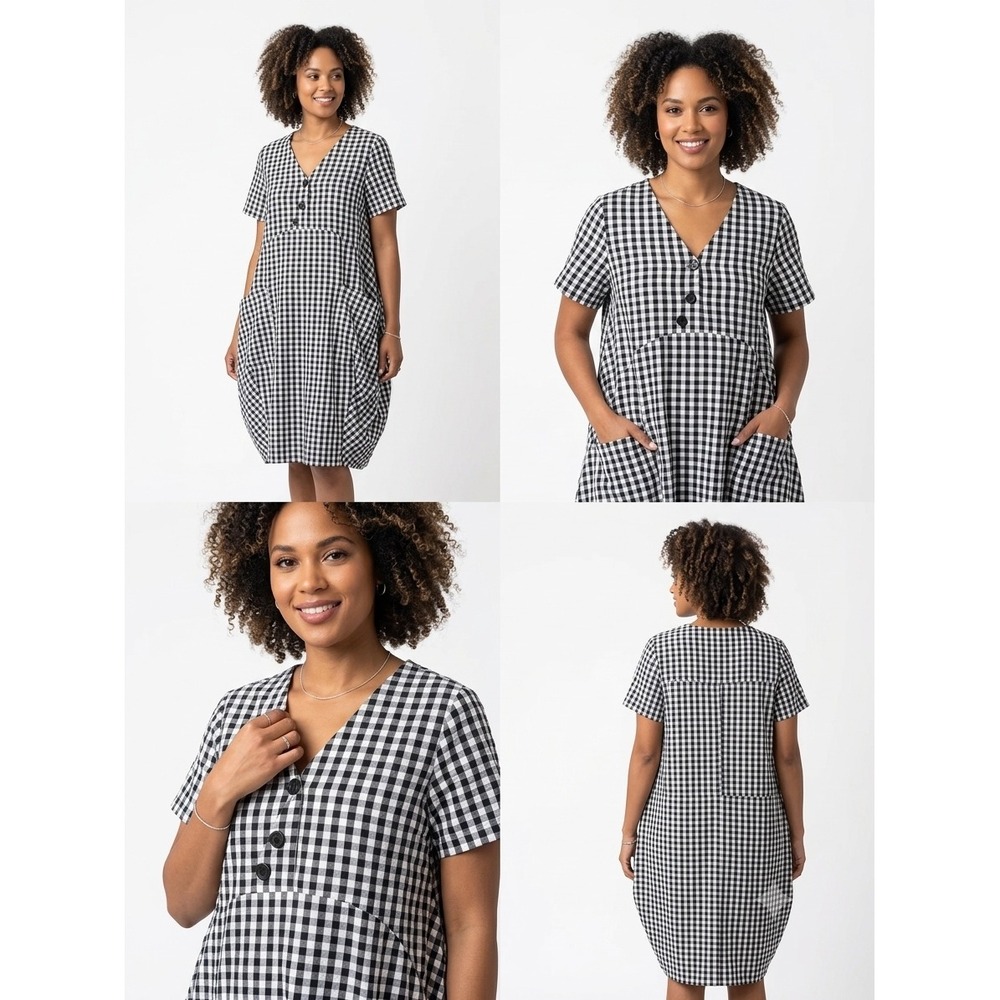 Dubgee by Whoopi Gingham Check Dress Black White V-Neck Pockets NWT Womens M